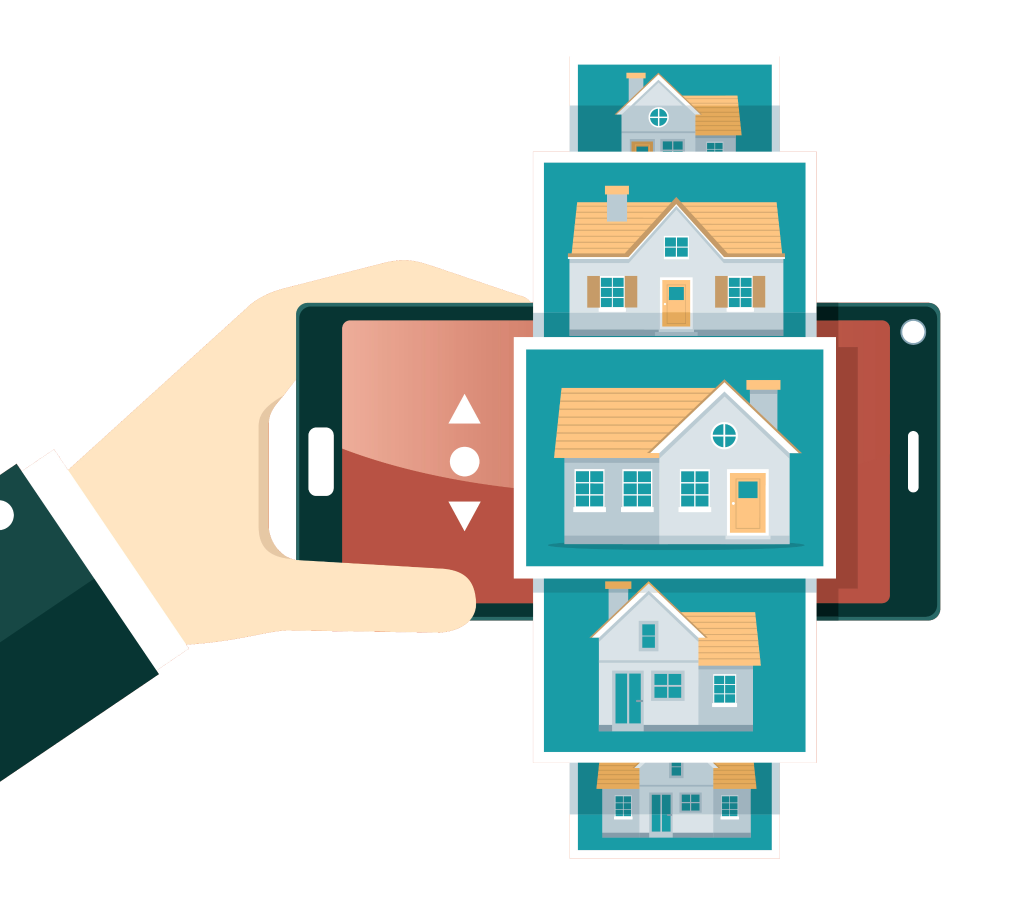 Smartphone mit mehreren Immobilienbildern als Zeichen für die einfache online Verwaltung und Übersicht